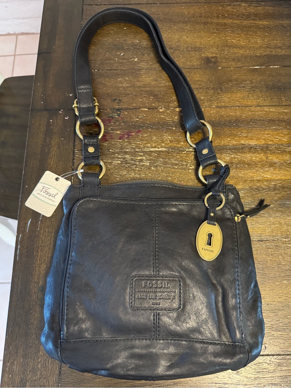 Fossil Black Leather Crossbody Shoulder Bag with Brass Hardware ZB4520
